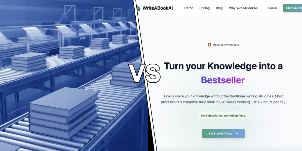 Side-by-side comparison of AI book writing approaches with speed versus quality metaphors