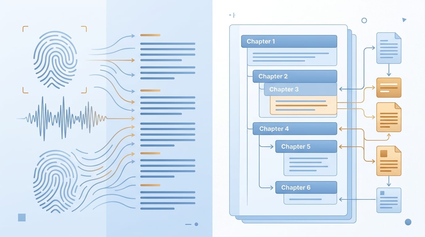 Comparação lado a lado de duas plataformas de escrita de livros com IA, mostrando a estrutura do manuscrito versus a abordagem de clonagem de voz
