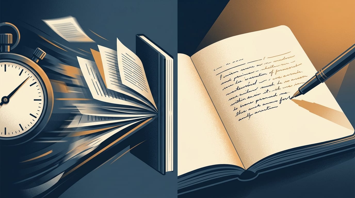 A stopwatch beside an open manuscript, representing the trade-off between instant AI book generation and a directed writing process