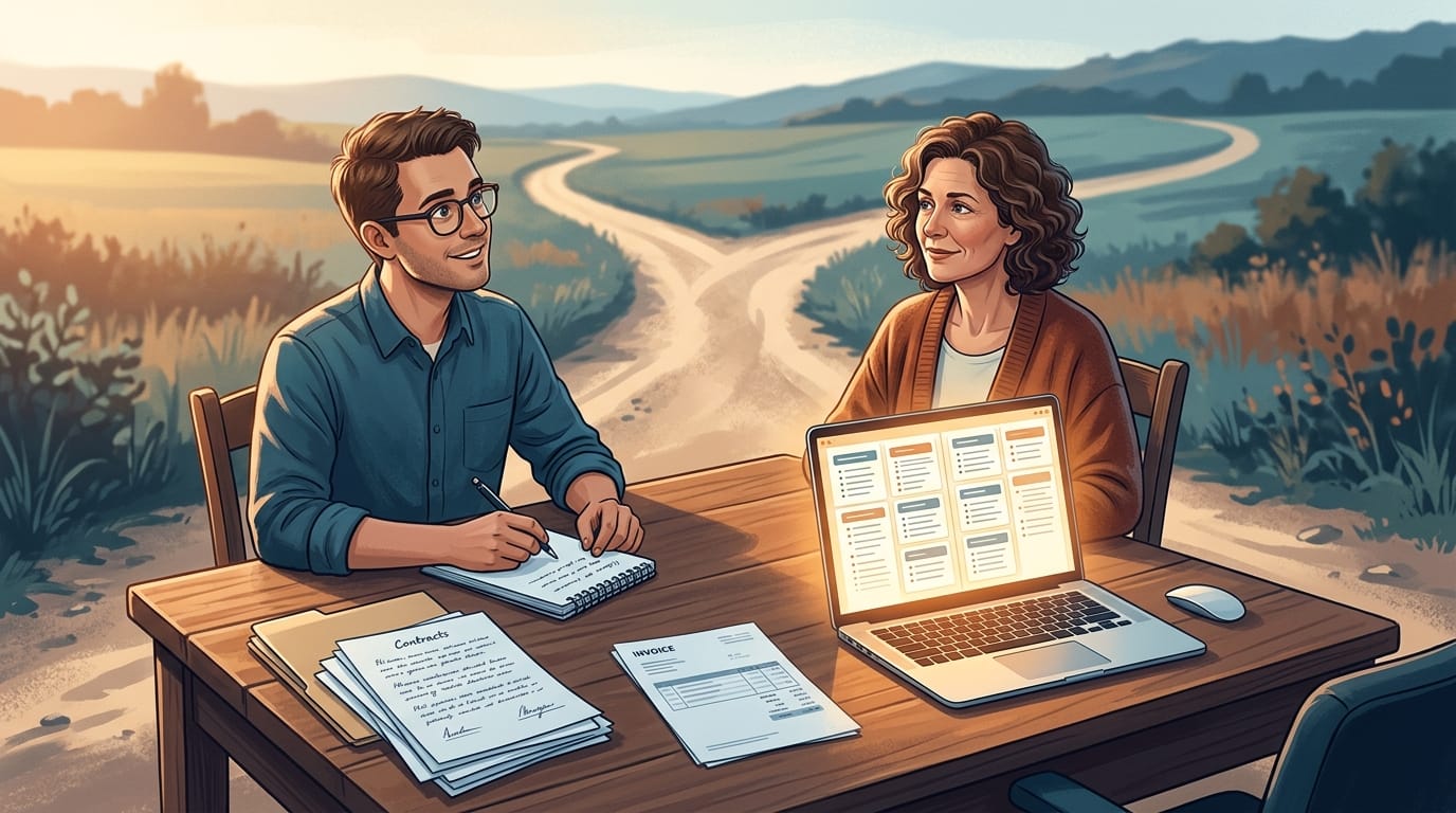 Two people at a wooden desk in front of a forked road: a ghostwriter taking interview notes beside contracts and an invoice, and an author next to a laptop showing a structured book outline