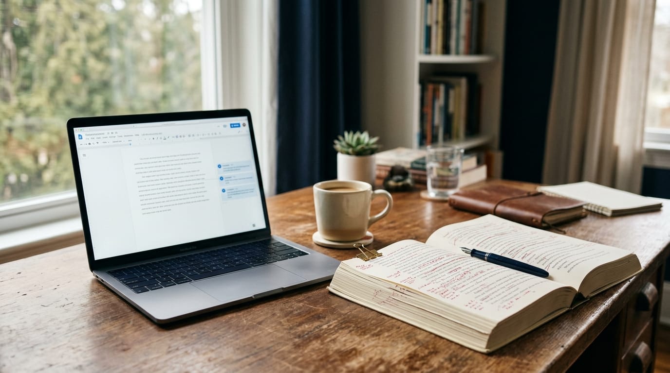 A long manuscript on a desk split between a cloud document on a laptop and a classic printed Word draft