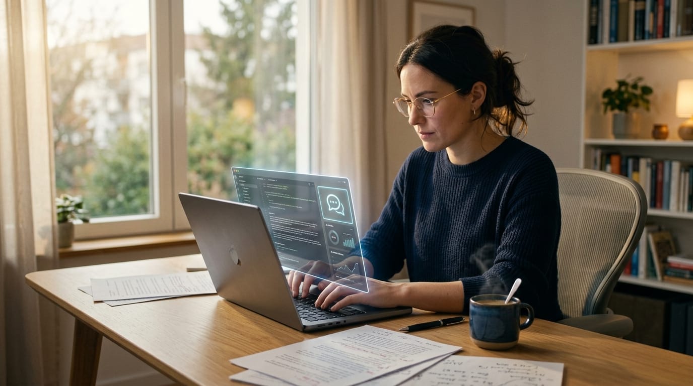 AI アシスタントのパネルを開いた Microsoft Word でノートパソコンに向かって執筆するプロフェッショナル。周囲には原稿のページが散らばっている