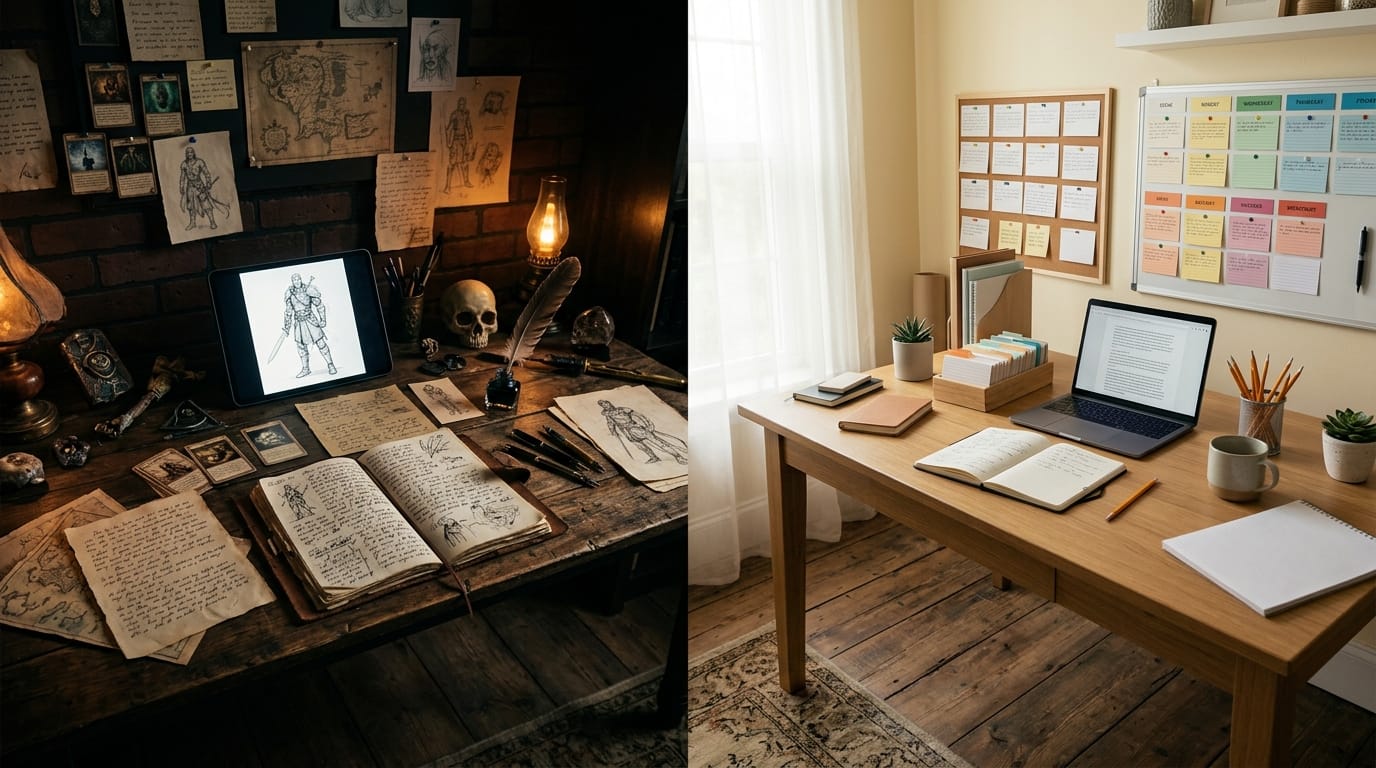 Two fiction writing desks side by side: one a dark creative sandbox with lore cards and glowing character sketches, the other a bright guided workspace with scene cards and a story outline