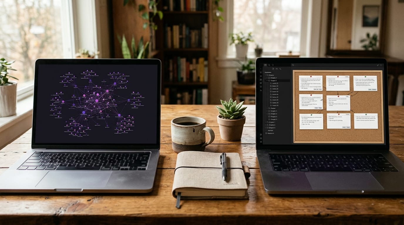 A split desk scene: on the left a laptop showing a glowing network graph of linked notes, on the right a laptop showing a manuscript binder with chapter folders and index cards