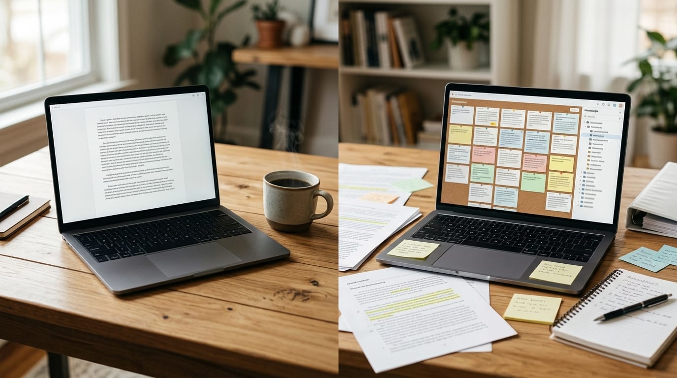 A split desk scene: on the left a minimalist laptop with a clean distraction-free text editor, on the right a laptop showing a busy corkboard of index cards and a manuscript binder